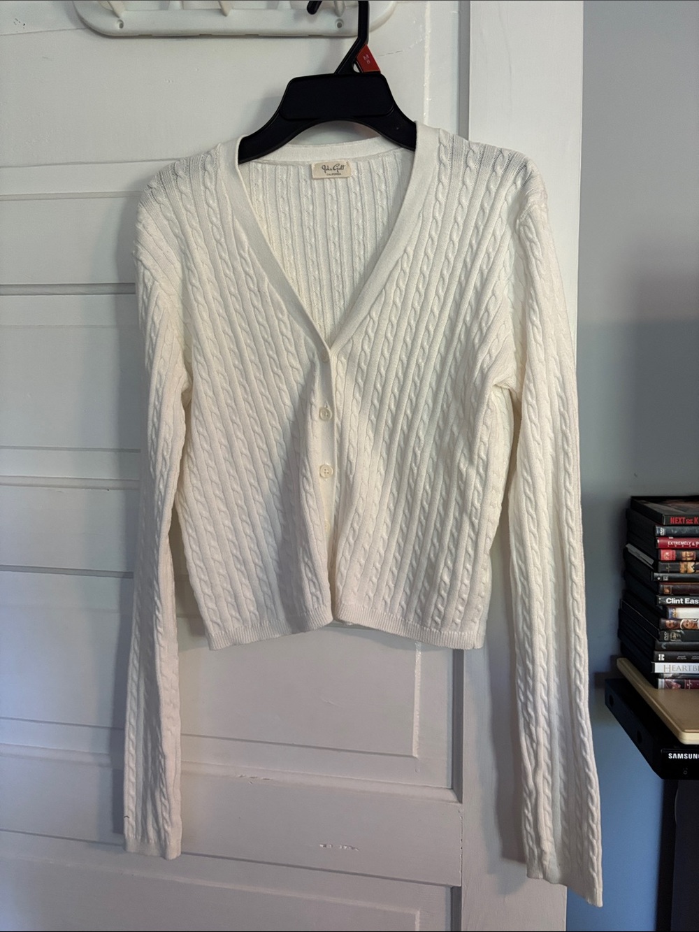 John Galt Cable Knit V-Neck Cardigan Sweater - White